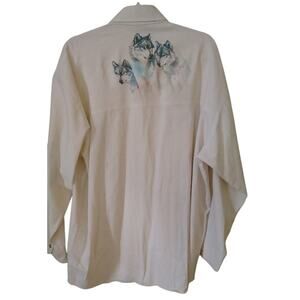 Vintage Three Rivers Mens Denim Shirt Button Down Casual Wolves Graphic XL